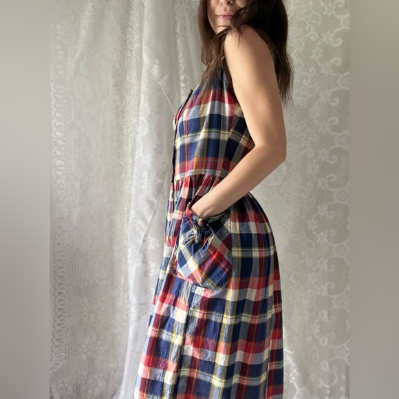 Vintage Victoria Harbour Plaid Cotton Midi Dress Button Front Pocket Cottagecore - Picture 6 of 7